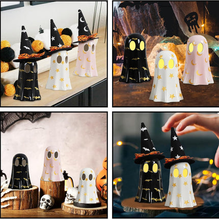 3-Piece Halloween Ceramic Ghost Figurines with Witch Hats, Mantel & Table Decor