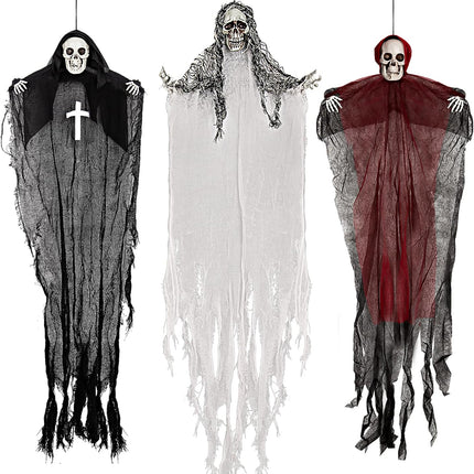 3-Pack Halloween Hanging Grim Reaper Ghosts, 36in & 32in Indoor Outdoor Decor