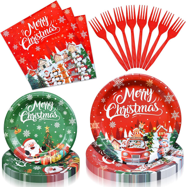 100 Pcs Christmas Tableware Set – Disposable Merry Christmas Dinnerware with Paper Plates & Utensils
