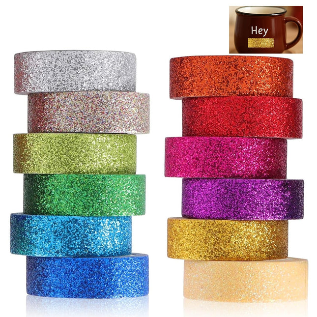 12 Rolls Glitter Washi Tape Set, 15mm Decorative Masking Tape for Crafts and Scrapbooking