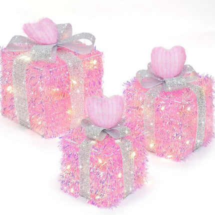 3-Pack Lighted Christmas Gift Boxes – Timer & 8 Modes, Pink Hearts with Silver Glitter Bow