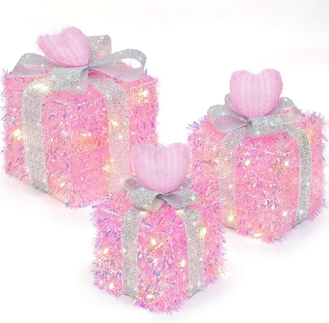 3-Pack Lighted Christmas Gift Boxes – Timer & 8 Modes, Pink Hearts with Silver Glitter Bow
