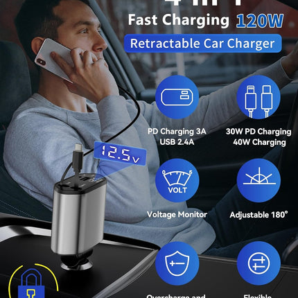 Retractable Car Charger – 4-in-1 Fast Charging for iPhone, Samsung, Pixel & More