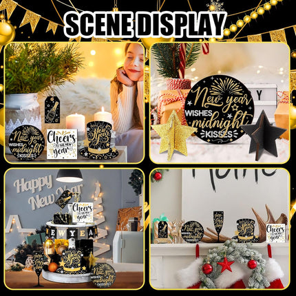 14 PCS Happy New Year Tiered Tray Decor 2026 Rustic Star & Hat Decorations