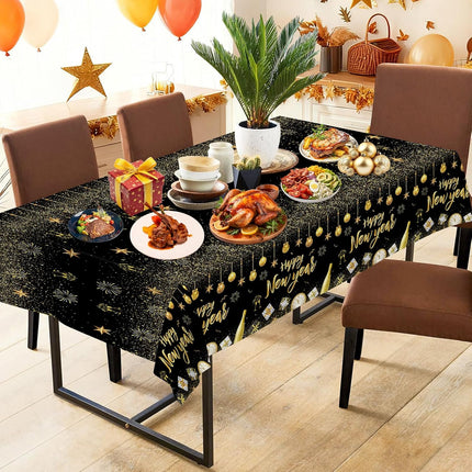 2 Pcs Happy New Year 2026 Tablecloth Black Gold Disposable Party Decor