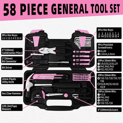 58 Piece Pink Home Tool Kit with Toolbox Storage Case Household Hand Tools