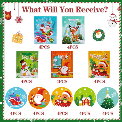 20 PCS Small Christmas Gift Bags Mini Paper Bags with Tags & Ribbon Handles