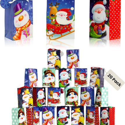 20-Pack Small Christmas Gift Bags – 4x6x2.5" Snowman, Santa & Reindeer