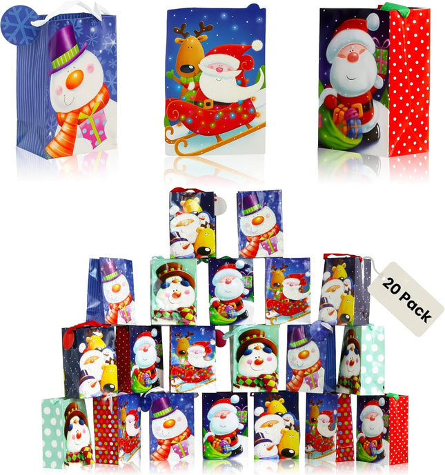20-Pack Small Christmas Gift Bags – 4x6x2.5" Snowman, Santa & Reindeer