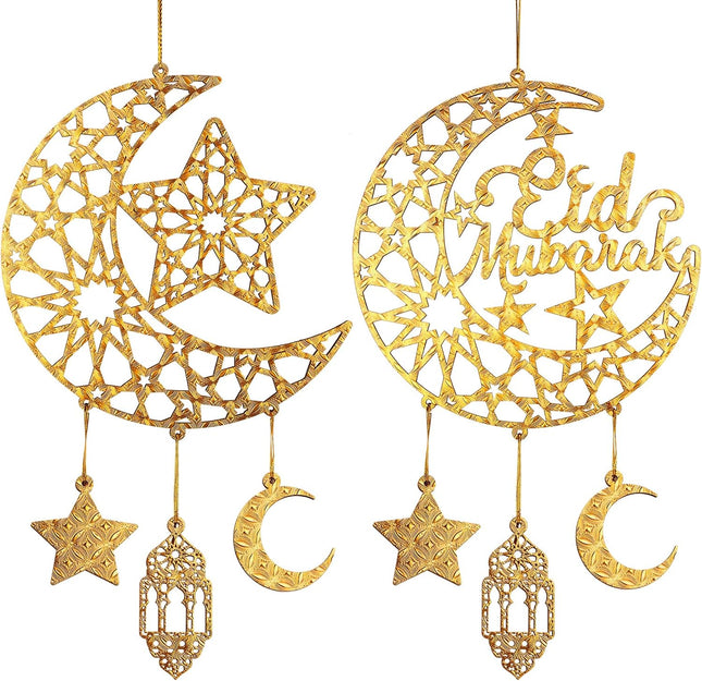 2PCS Eid Mubarak Wooden Door Signs Hollow Moon & Stars Ramadan Decor