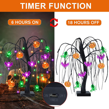 18in Halloween Willow Tree, 36 LED Pumpkin Bat Spider Lights, Timer & USB/Battery