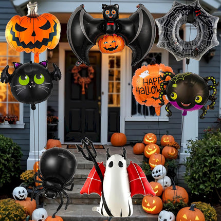 9-Piece Halloween Foil Balloons Set, Ghost, Spider, Pumpkin & Bat Party Decorations
