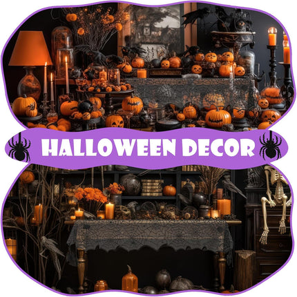 18x72in Halloween Black Lace Table Runner, Spider Web Gothic Mantel & Table Decor