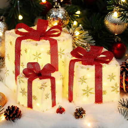 Christmas Decorations 3 Lighted Gift Boxes Battery-Operated Presents LED Lights & Bows Indoor & Outdoor