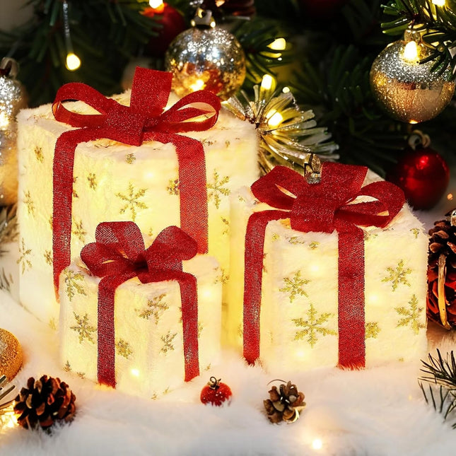 Christmas Decorations 3 Lighted Gift Boxes Battery-Operated Presents LED Lights & Bows Indoor & Outdoor