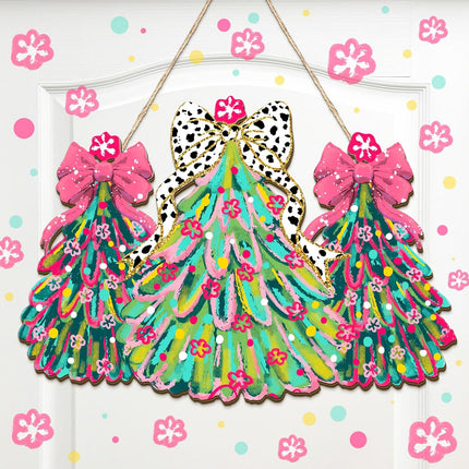 Pink Christmas Tree Door Sign – Wooden Welcome Wreath with Bows Decor