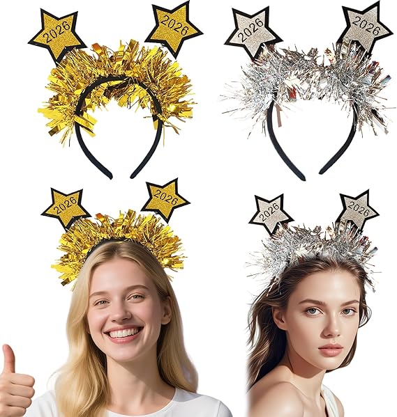 2-Piece NYE Headbands – Gold & Silver Glitter Crowns for Women Party
