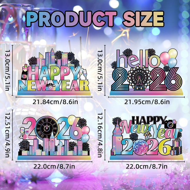 4-Piece 2026 New Year Eve Table Decorations – Colorful Wood Tabletop Set