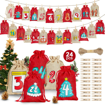 24PCS Christmas Advent Calendar Bags – Burlap Countdown Set with Drawstring & Clips