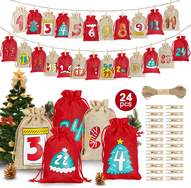 24PCS Christmas Advent Calendar Bags – Burlap Countdown Set with Drawstring & Clips
