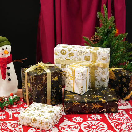 6 Sheets Christmas Wrapping Paper – Black & Gold Snowflake Elk Gift Set