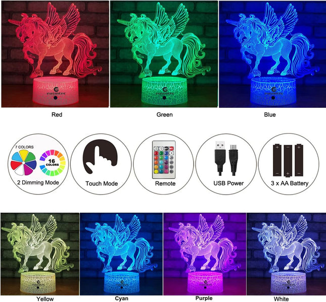 Unicorn Night Light for Kids – Remote & Touch, 7+16 Color Changing, Dimmable