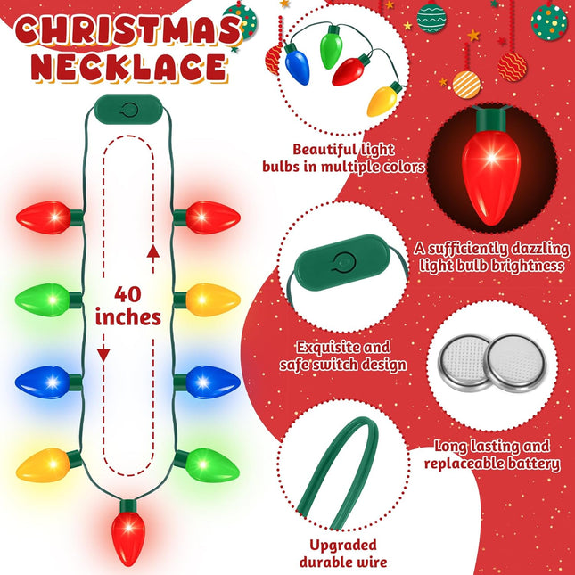 2 Pack Christmas Light Necklaces – 9 LED Bulbs, 3 Flash Modes for Xmas Party
