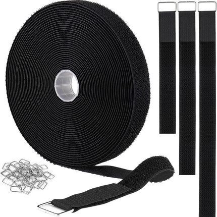 1"x32ft Hook & Loop Straps – 50 Metal Buckles, Adjustable Cable Ties Black