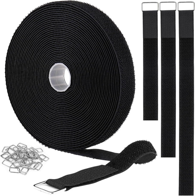 1"x32ft Hook & Loop Straps – 50 Metal Buckles, Adjustable Cable Ties Black