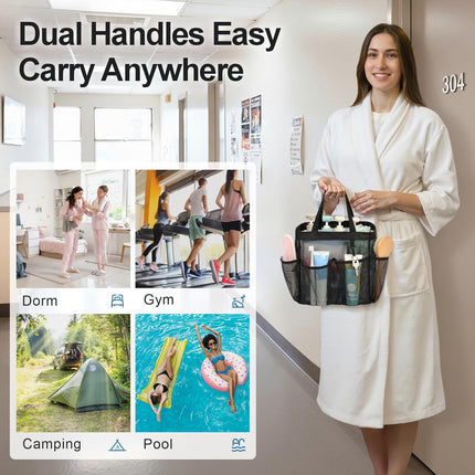 Mesh Shower Caddy with 8 Pockets & Handles – Dorm, Travel, Gym, Black