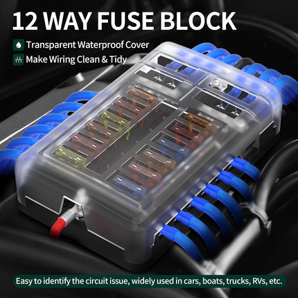 12-Way 12V/24V ATO/ATC Blade Fuse Block, LED Indicator Marine Fuse Panel