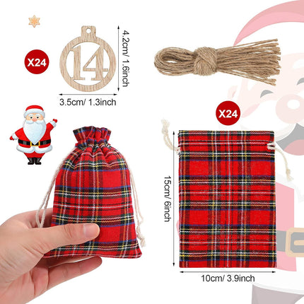 24 Days Advent Calendar 2025 Xmas Countdown Buffalo Check Drawstring Bags with 24 Pieces Wooden