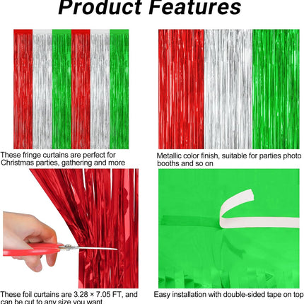 4-Piece Christmas Curtain Set, 3.28 FT x 7.05 FT Metallic Foil Red, Silver & Green Fringe