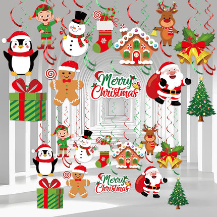 30PCS Christmas Hanging Swirls, Pre-Strung Streamers with Santa & Gingerbread Man