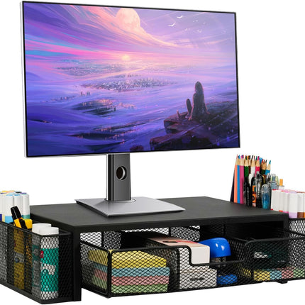 Computer Monitor Stand Riser with Drawer & Pen Holders – Desk Organizer (Black)