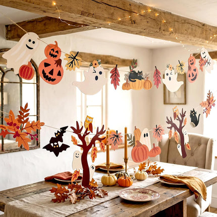 2-Piece Halloween Fall Ghost Pumpkin Maple Leaf Paper Banner Bunting Decor