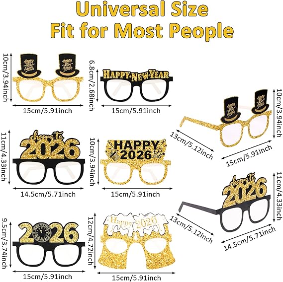 6 PCS 2026 Happy New Year Paper Glasses NYE Party Photo Booth Props
