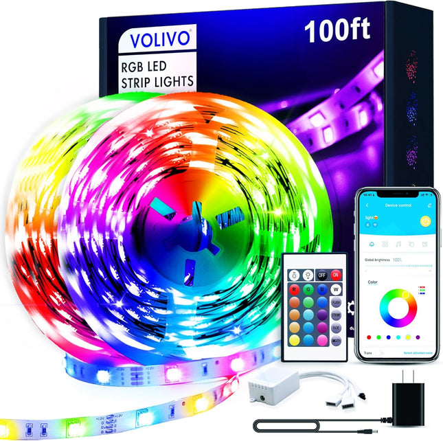 100ft LED Light Strips – RGB, Music Sync, App & IR Remote Control for Bedroom Decor