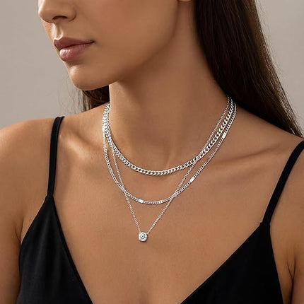 Women Layered Gold Necklace Set 14K Plated Dainty Choker Cuban Chain Stack