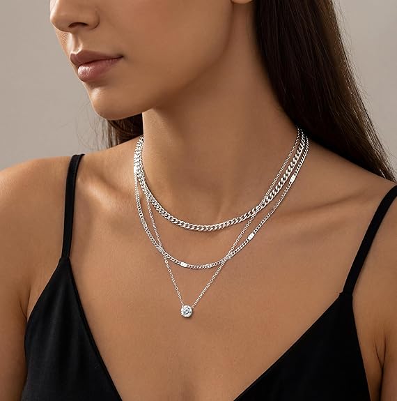 Women Layered Gold Necklace Set 14K Plated Dainty Choker Cuban Chain Stack