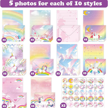 160PCS Letter Writing Set – 50 Papers, 50 Envelopes, 60 Stickers, Rainbow Unicorn