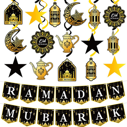 34Pcs Ramadan Decorations – Eid Mubarak Banner, Star, Moon & Lantern Hanging Swirls