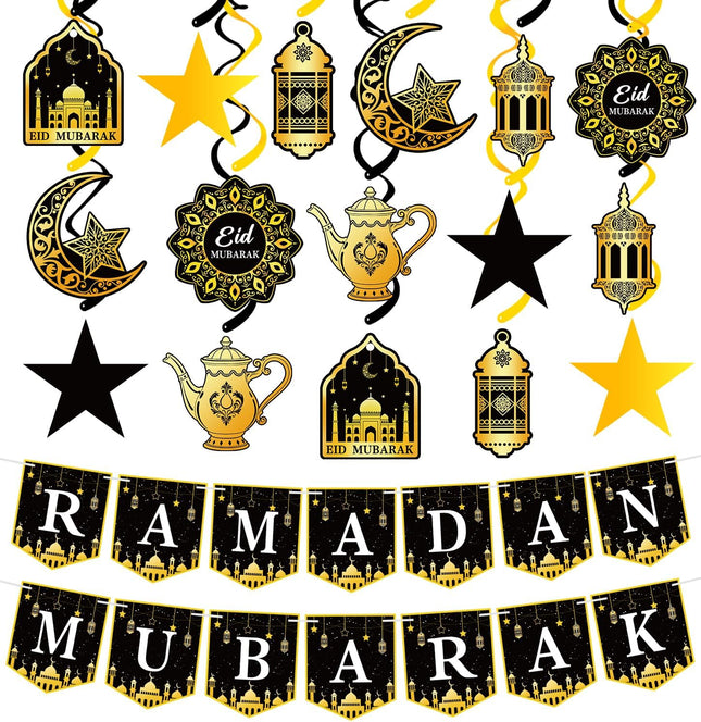 34Pcs Ramadan Decorations – Eid Mubarak Banner, Star, Moon & Lantern Hanging Swirls