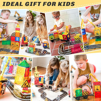 Magnetic Tiles Road Set with Crane & Car, STEM Construction Toy for Kids 3+