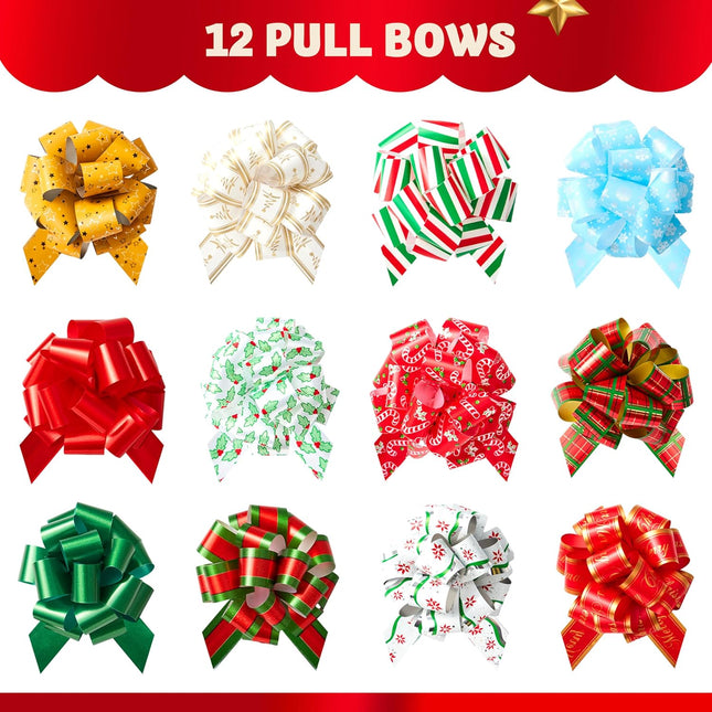 12PCS Large Christmas Pull Bows – 5" Wide for Gift Wrapping & Tags