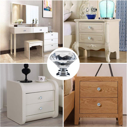 12PCS Diamond-Shaped Crystal Glass Drawer Knobs – 30mm Silver Cabinet Pulls
