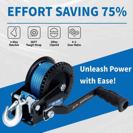 1600LBS Heavy-Duty Boat Trailer Winch with 26FT Strap, 2-Way Ratchet & 4:1 Gear