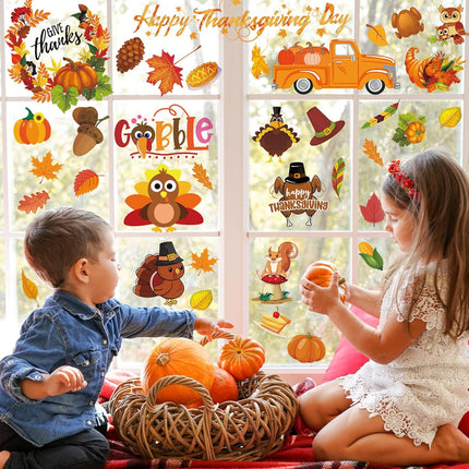 Fall Thanksgiving Window Stickers 145pcs, Pumpkin & Leaves Window Decor