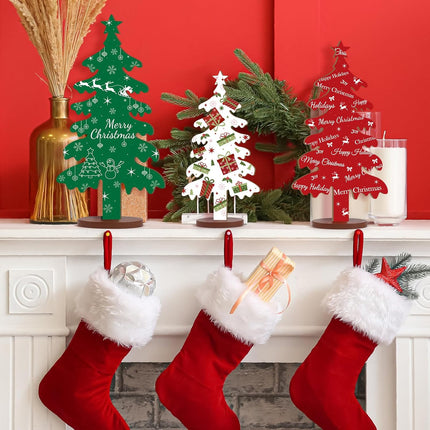 Wooden Christmas Tree Tabletop Signs – 3-Pc Double-Sided Holiday Decor Set