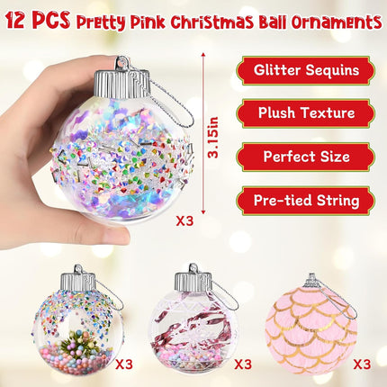 12-Pc Set of Pink & Clear Christmas Ball Ornaments, 3.15 Inch for Tree Decoration
